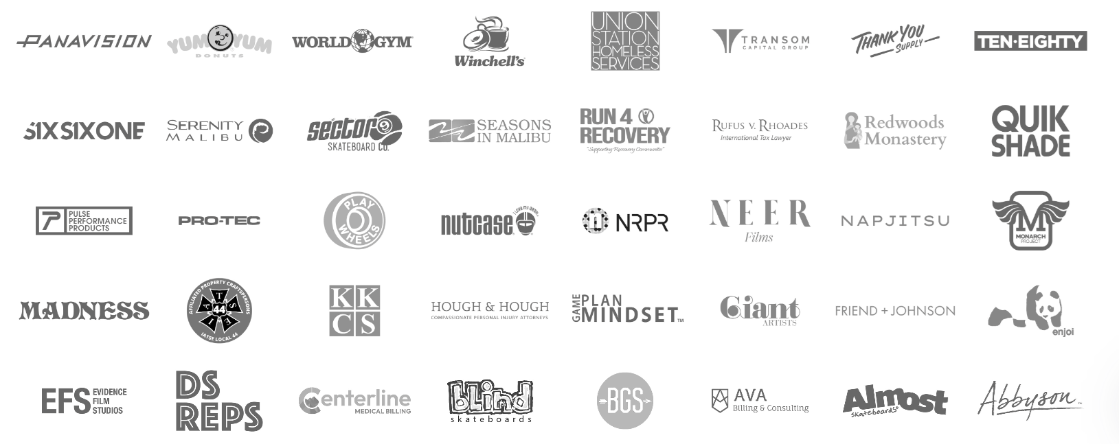 Client logos of brands Emarketed has served since 1998, including Panavision, World Gym, Seasons in Malibu, Sector 9, Hughes Auctions, and Nutcase Helmets
