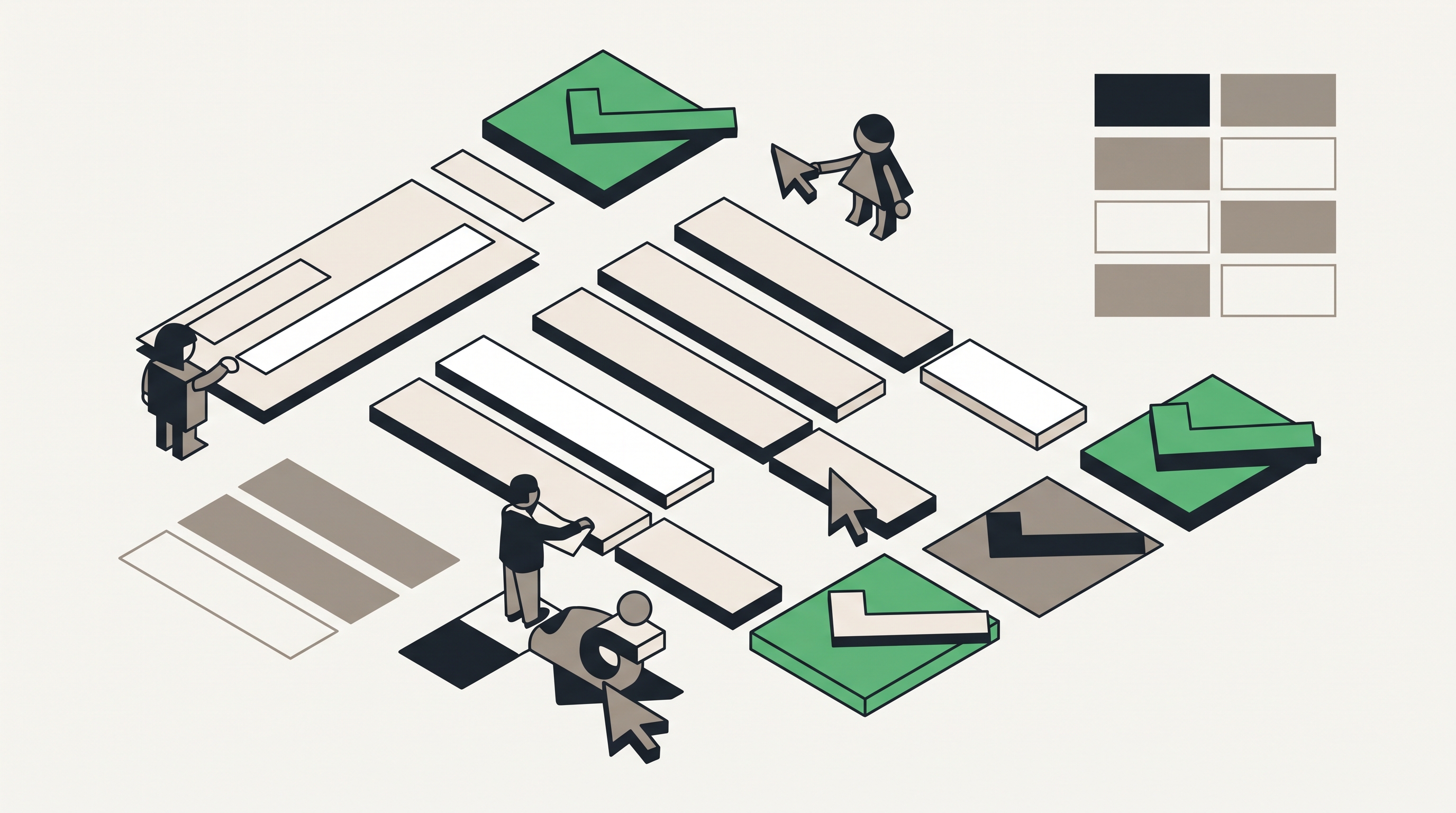 Flat 2D isometric vector illustration of a marketer reviewing an accessibility checklist, form labels, contrast blocks, and website components on a clean dashboard
