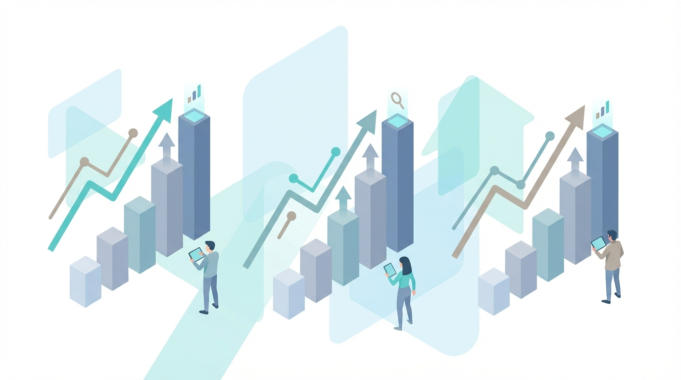 AI search growth data visualization with trending upward charts and analytics