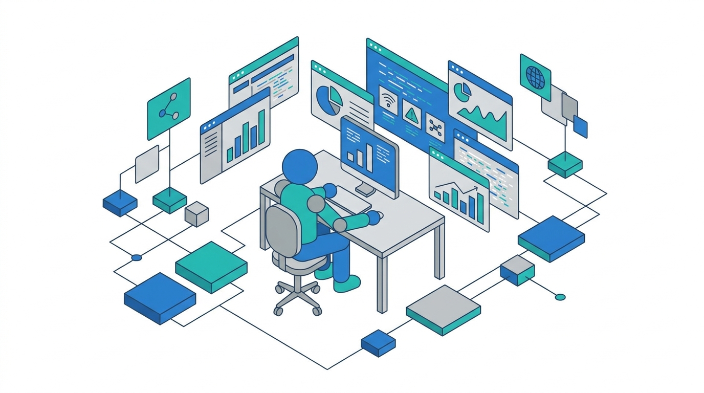 Marketing team reviewing AI visibility dashboards and software panels