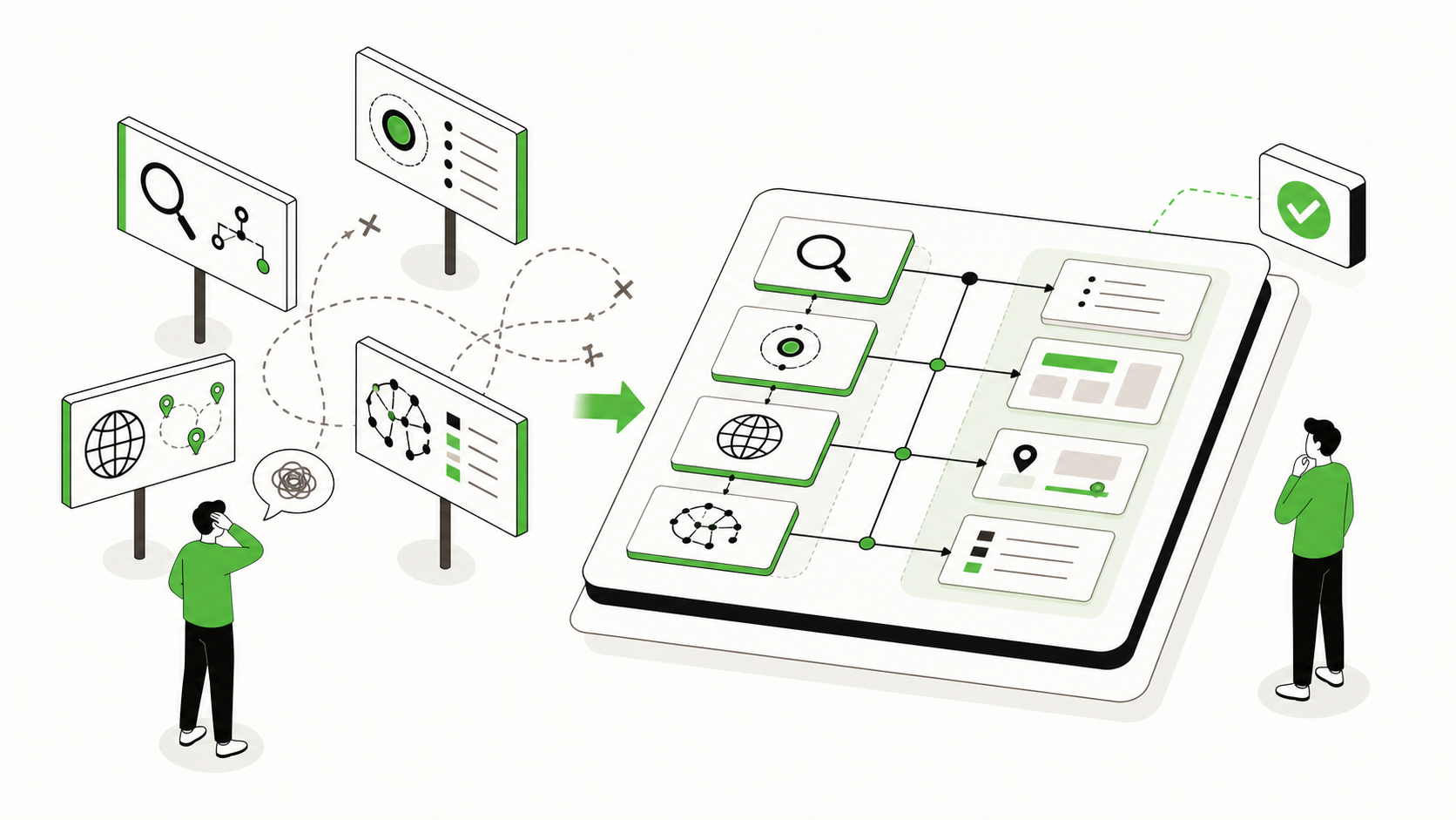 Two AI search strategy paths converging into one answer system