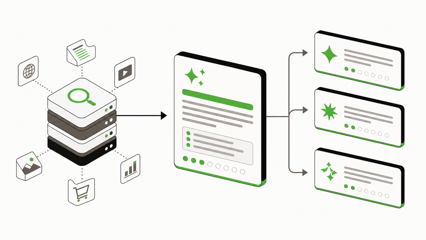 Generic search and AI systems using source content to produce answer cards