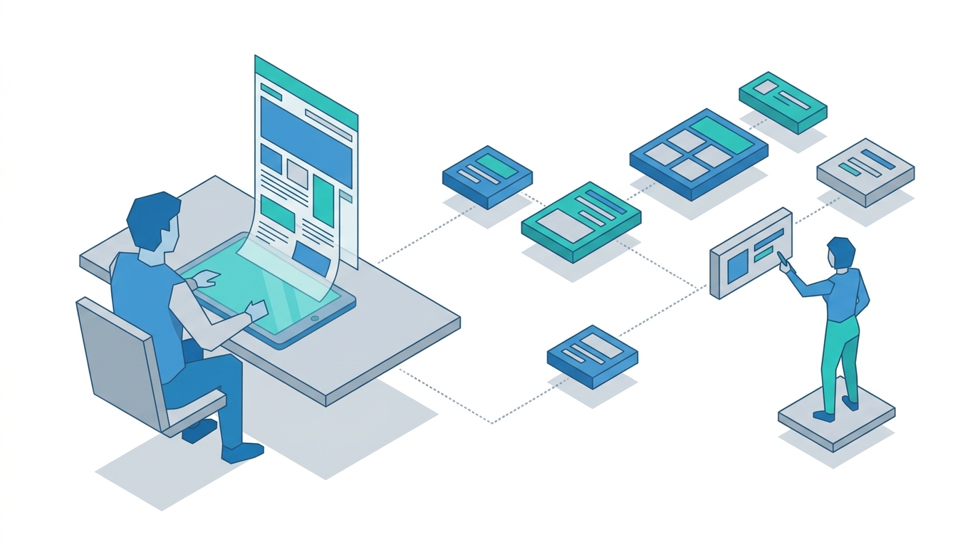 Simple geometric character reviewing compact content blocks on a large dashboard