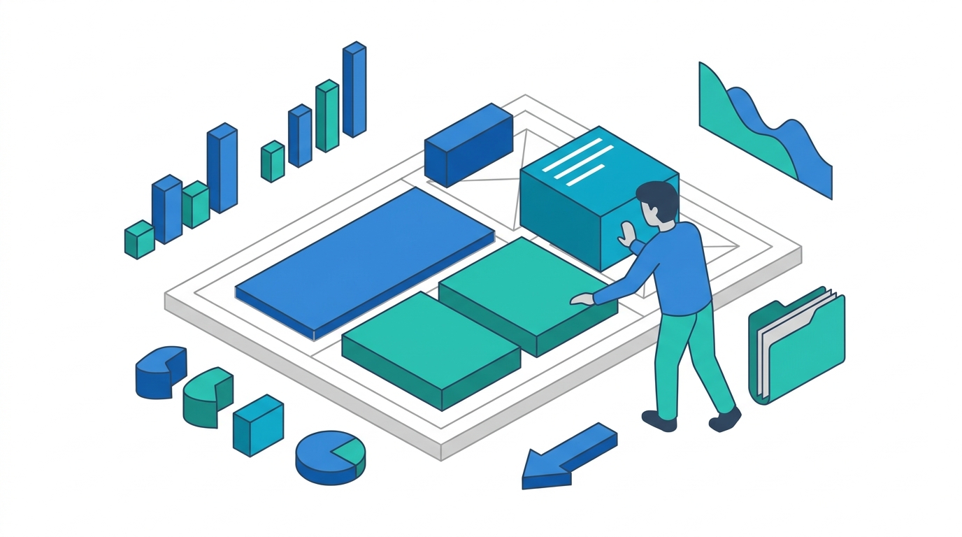 Person organizing modular website sections on a screen with charts and document cards