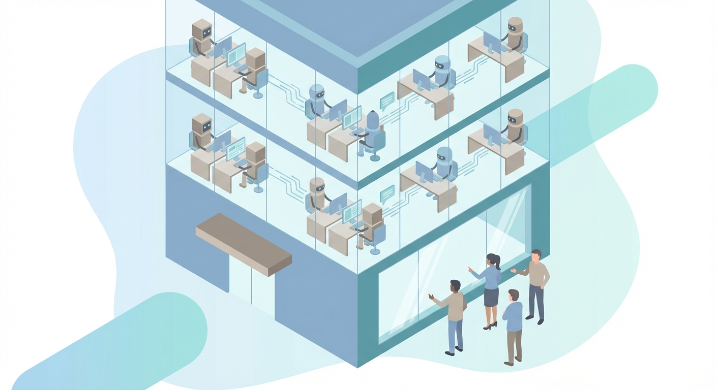 Large agency offices with AI-assisted workflows while smaller teams look on from outside