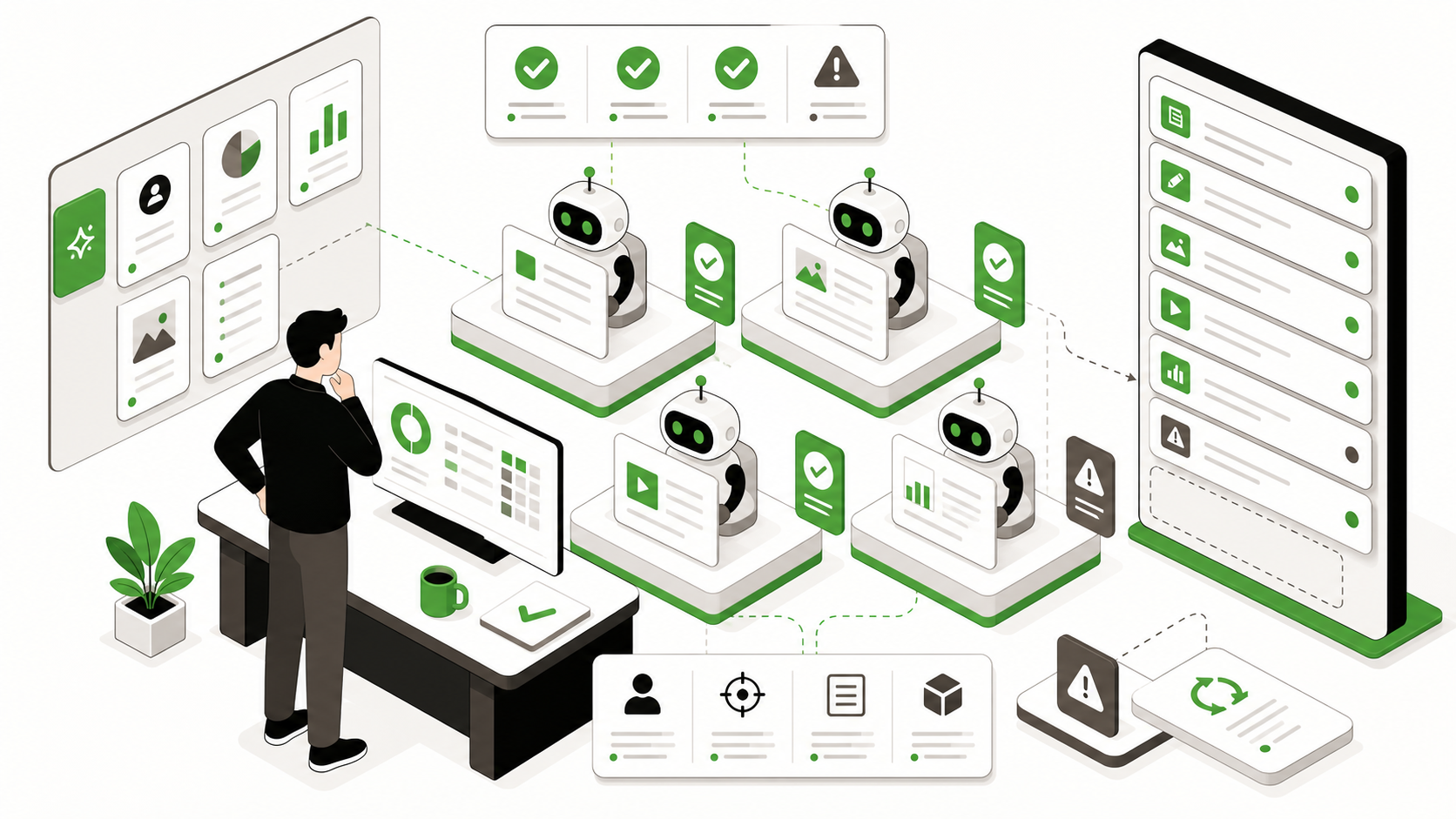 AI agent operations control room with dashboards, queued tasks, approval gates, and human review