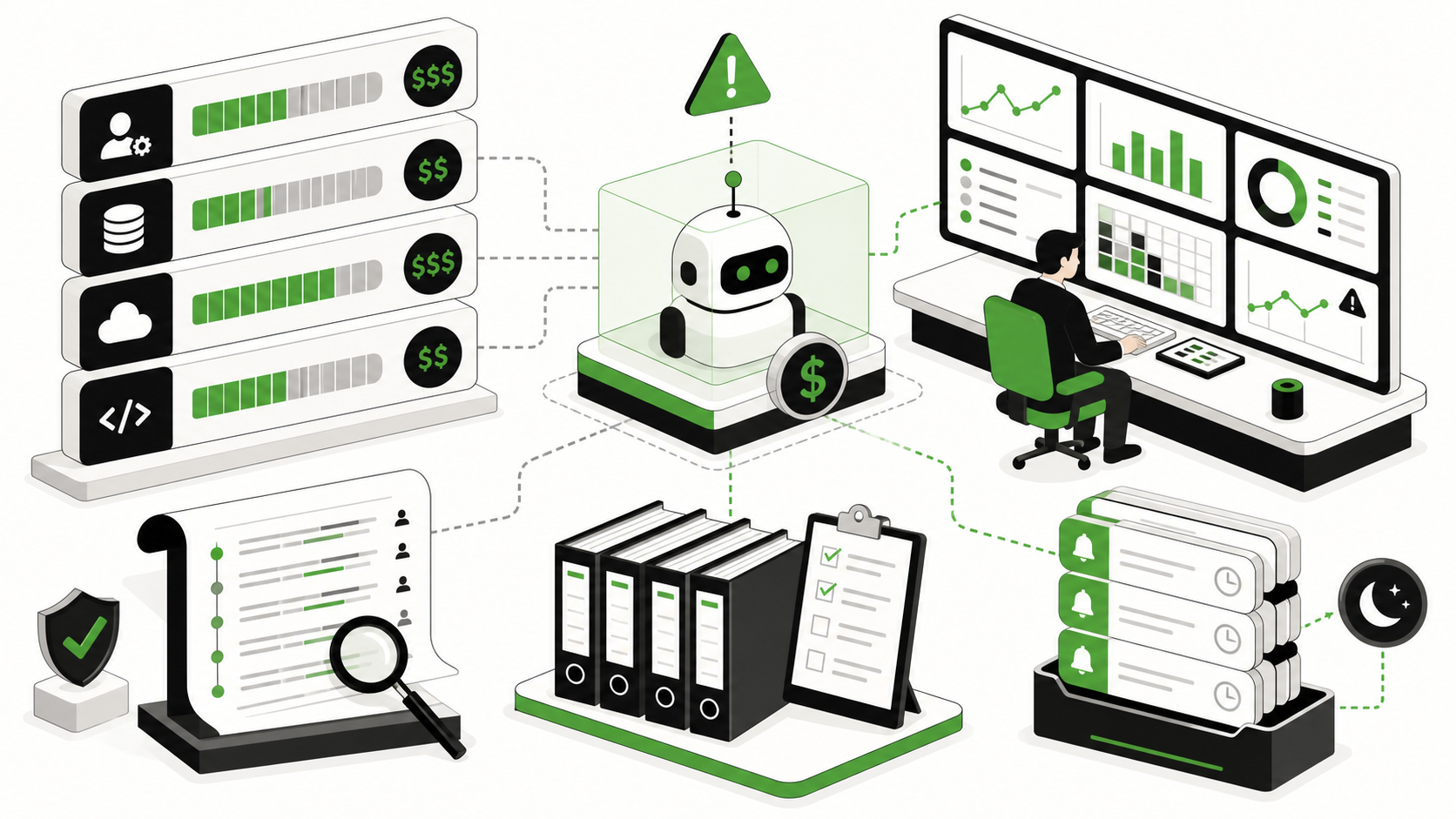 Human marketer supervising multiple AI agents with review checkmarks, context cards, and task queues