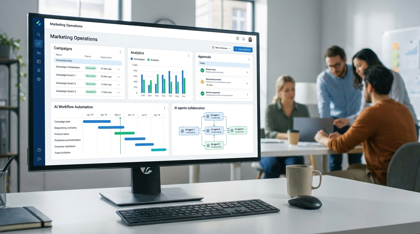 Internal marketing team using AI agents to coordinate campaigns, analytics, and approvals