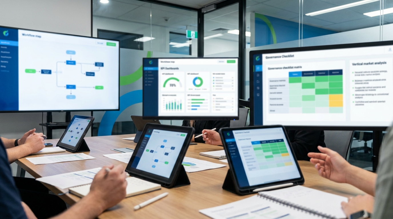 Agency strategy table mapping AI workflows to KPIs, governance, and vertical market context