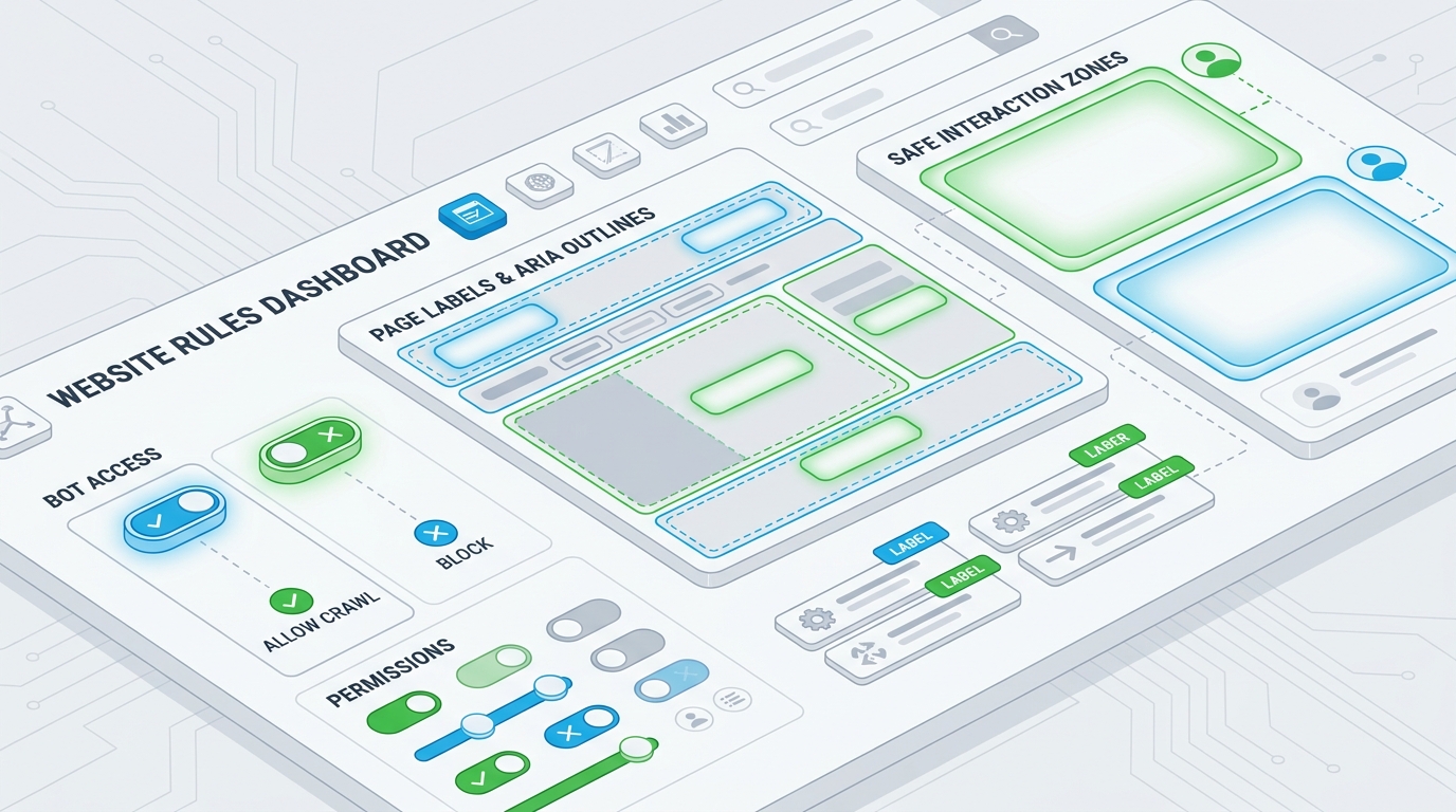 Website rules dashboard showing agent access, page labels, and safe interaction zones