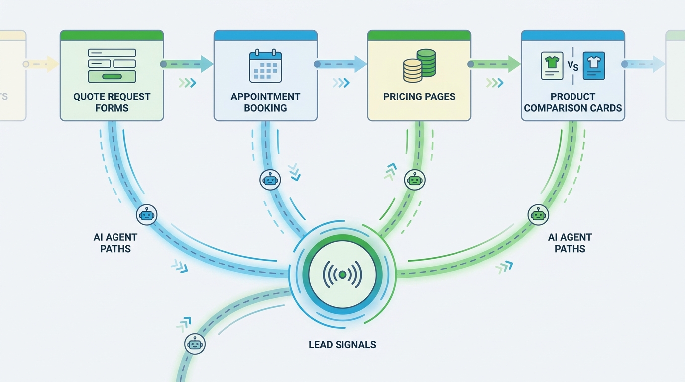 Revenue website workflow map with quote forms, pricing pages, and AI agent paths
