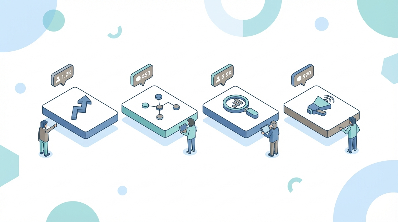 Isometric diagram of four AI platform icons connected by citation pathways to content source types
