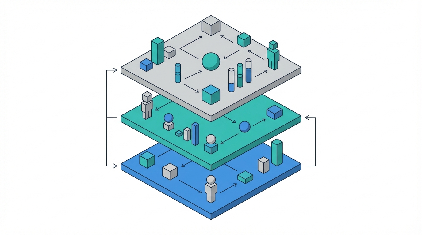 Three stacked reporting layers with analytics cards