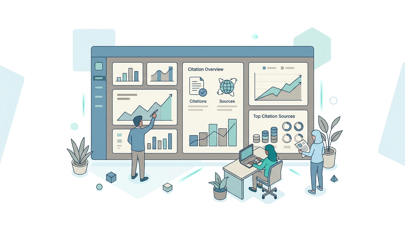 Flat isometric illustration of an agency client reporting dashboard displaying citation metrics and AI visibility scores