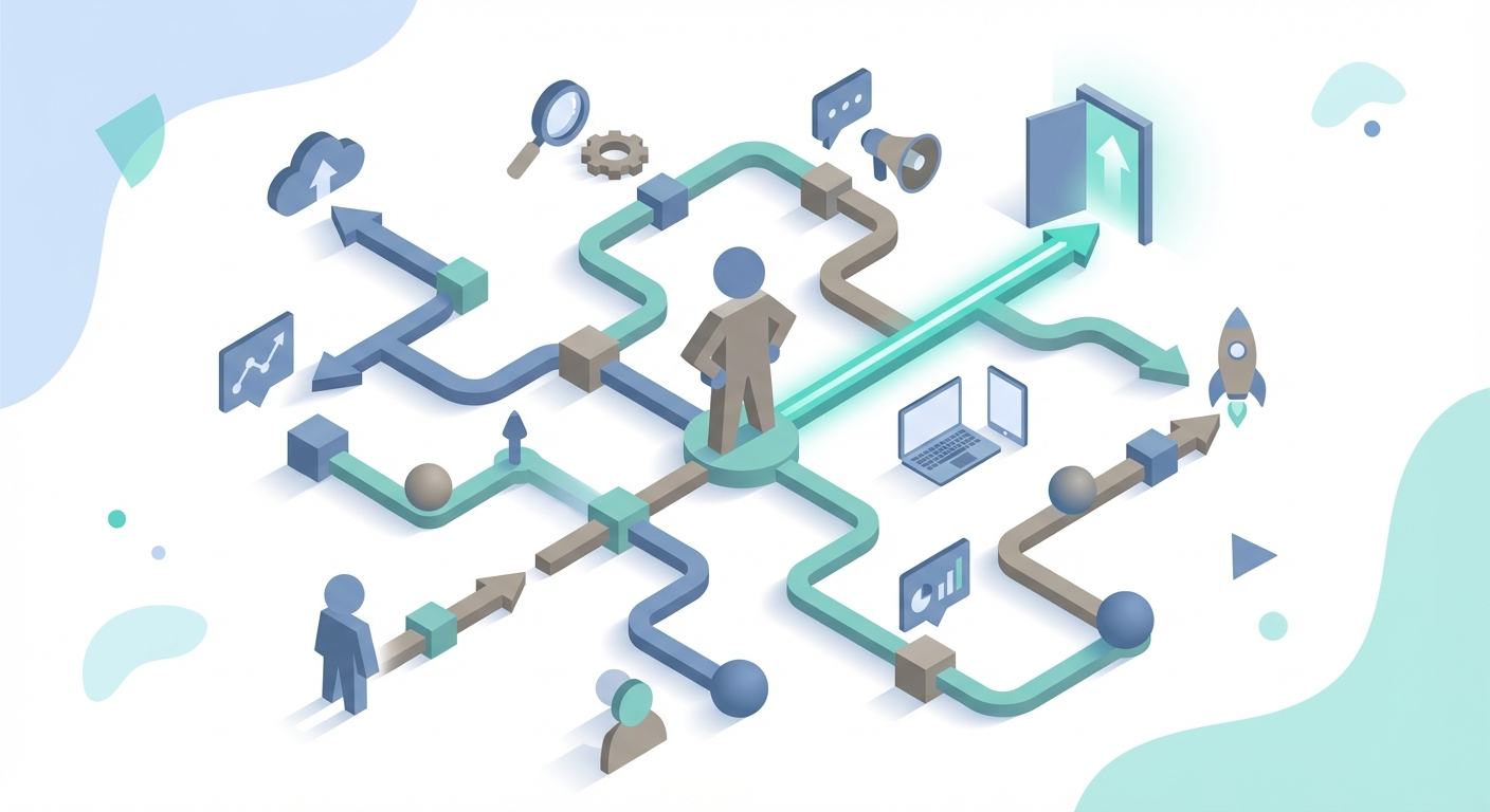 Modern non-linear web of connected marketing stages with a person navigating multiple pathways to a goal