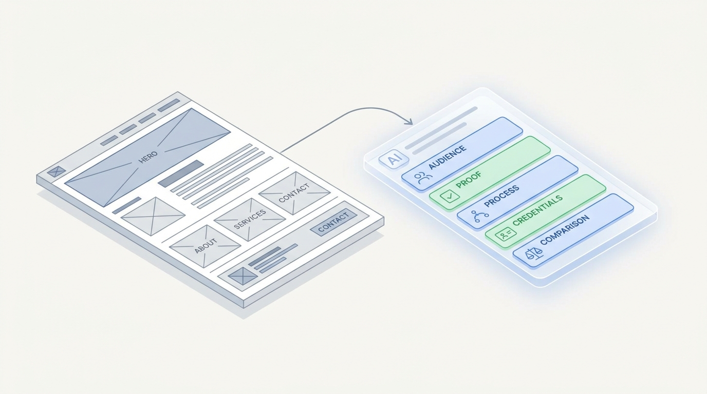 Website wireframe being converted into AI-readable audience, proof, process, and comparison signals