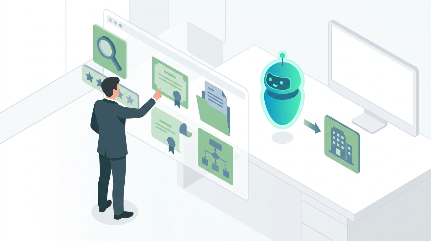 Healthcare marketer auditing trust signals, credentials, reviews, and structured content for AI search visibility