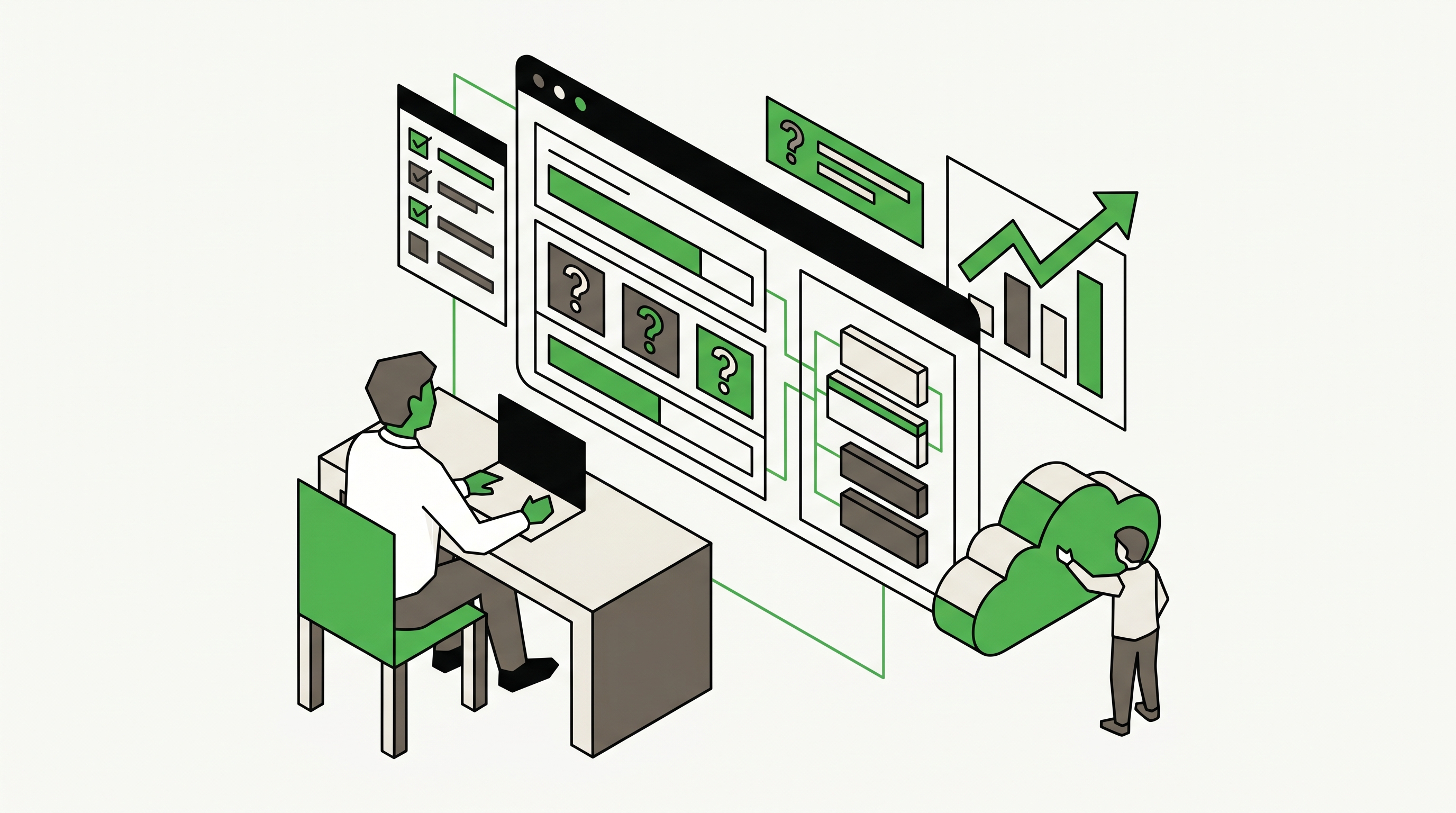 Flat 2D isometric vector illustration of a marketer reviewing a clean FAQ dashboard with question cards and trust checkmarks