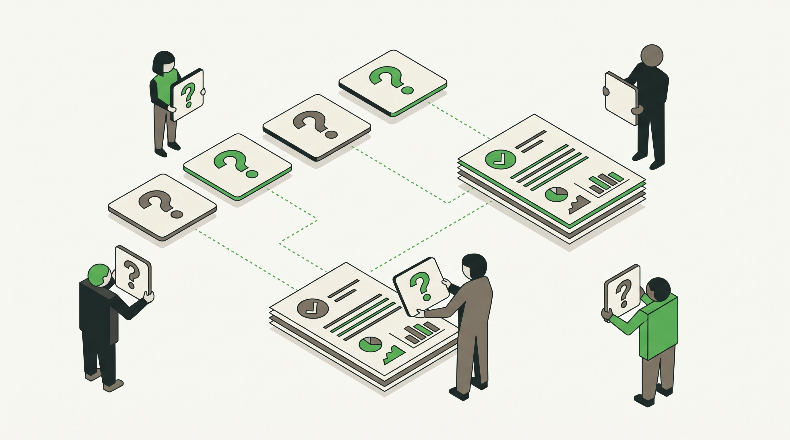Flat 2D isometric vector illustration of stacked FAQ sections linking to service pages proof pages and case study cards