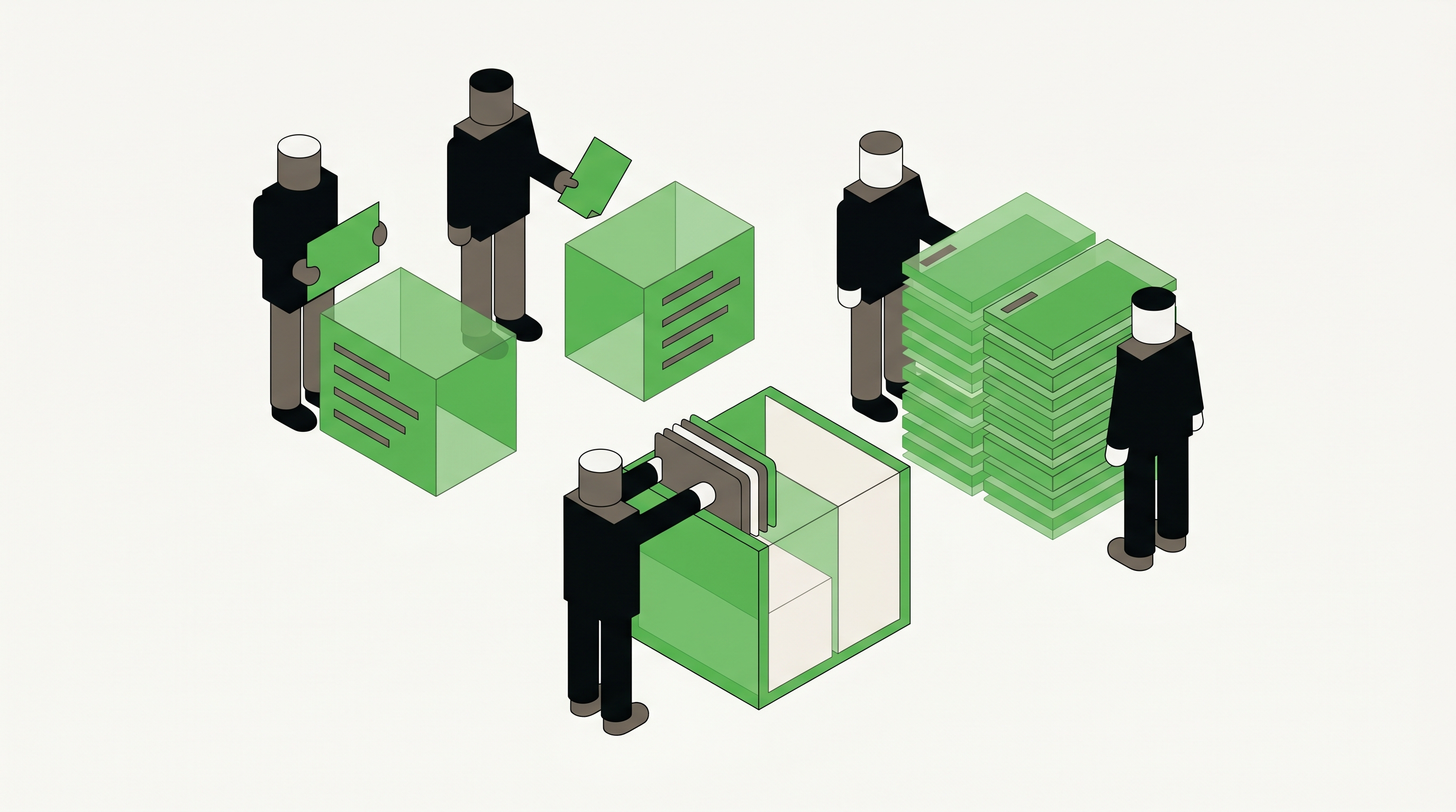 Flat 2D isometric vector illustration of a team turning call notes into FAQ blocks while monitoring AI answer panels and lead quality charts