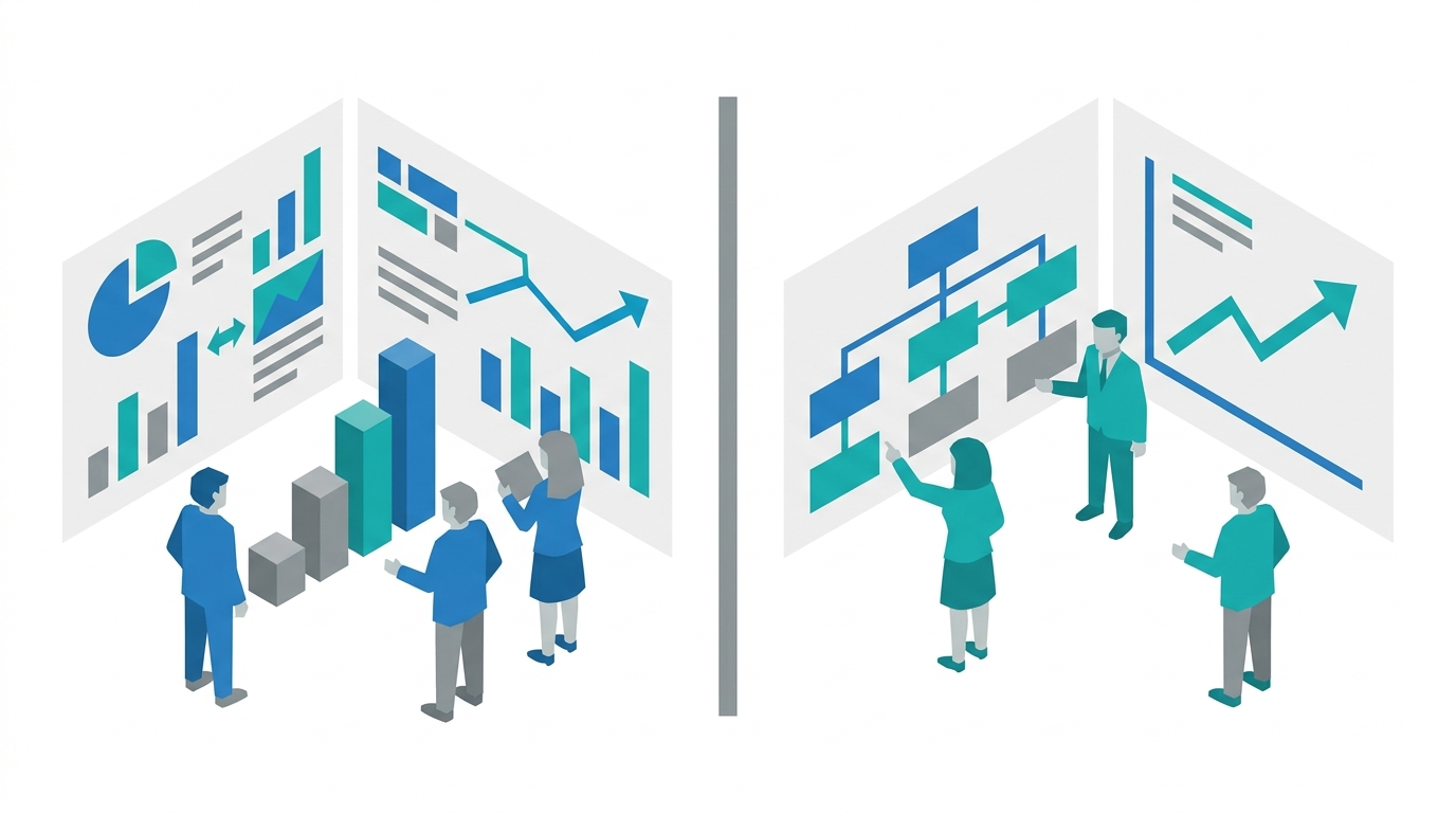 Split analytics dashboard comparing classic search metrics with AI visibility metrics