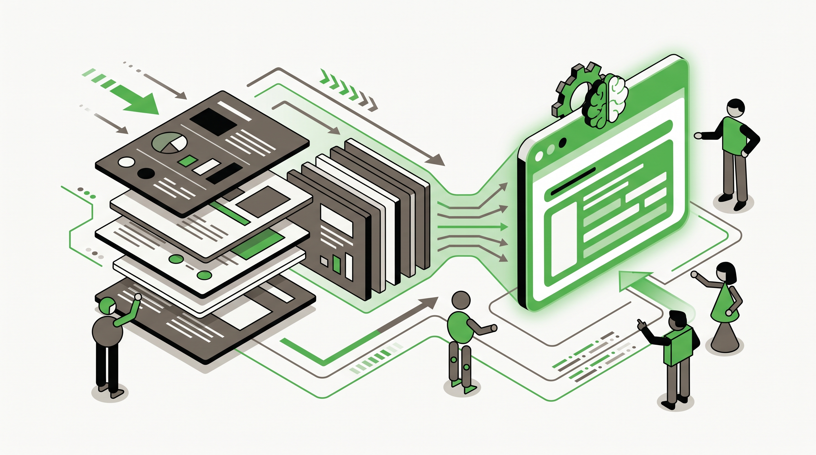 Flat 2D isometric vector illustration of stacked generic content cards being compressed into one AI answer panel