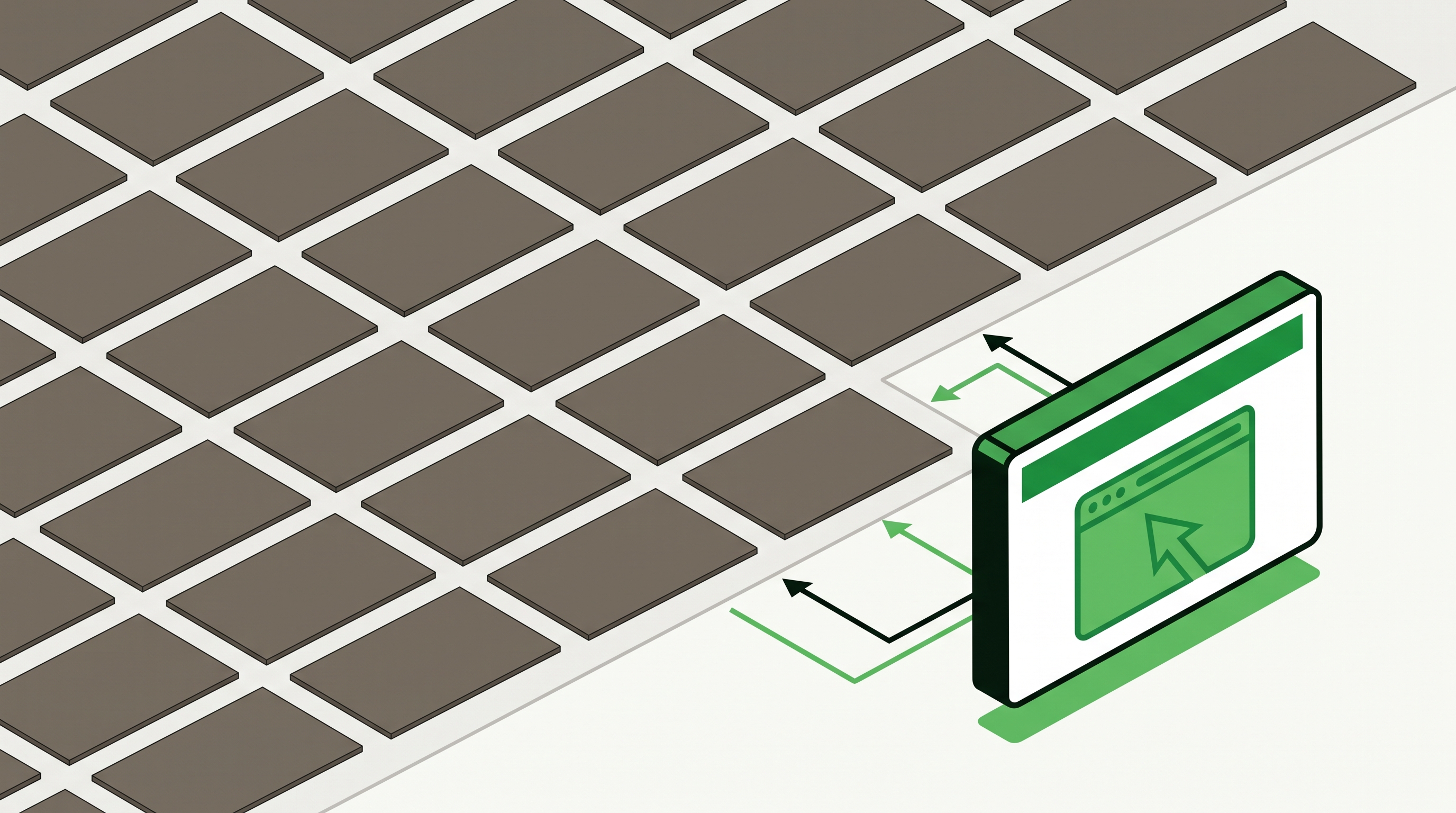 Flat 2D isometric vector illustration of one bold brand card standing apart from a grid of identical gray website cards
