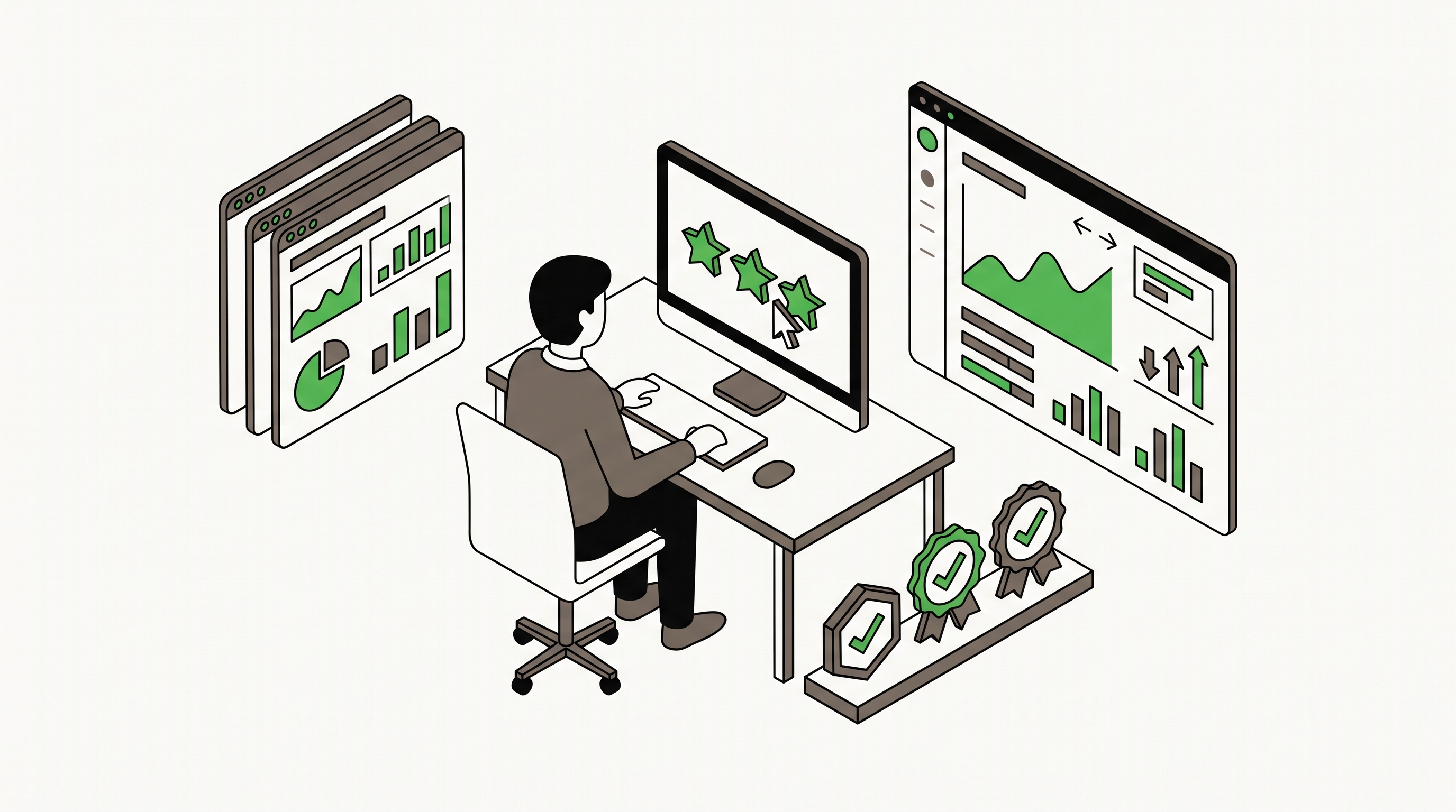 Flat 2D isometric vector illustration of a marketer reviewing reviews case studies and citation badges beside an analytics screen
