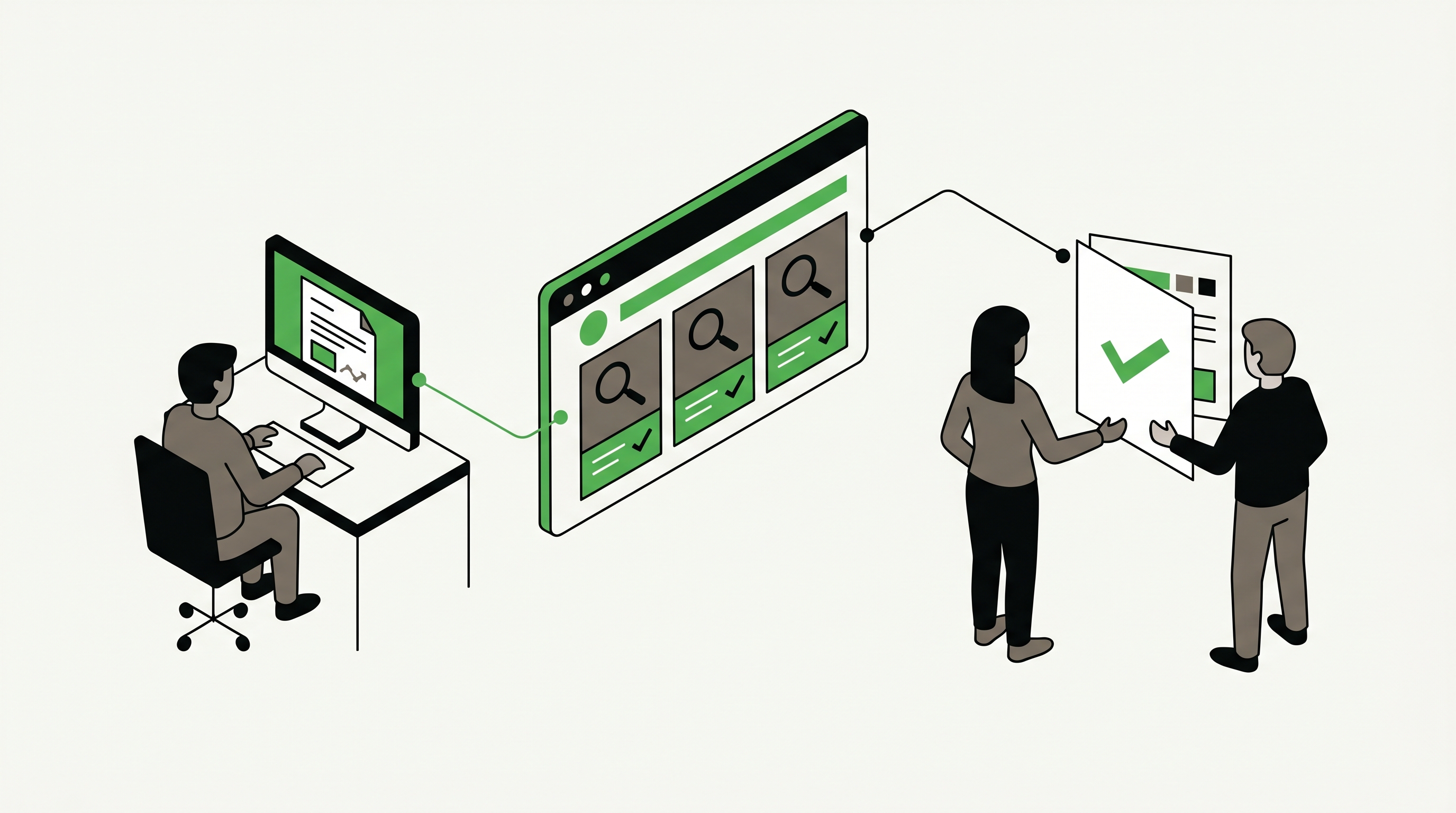 Strategist reviewing prompt clusters, proof pages, and citation signals on connected dashboards