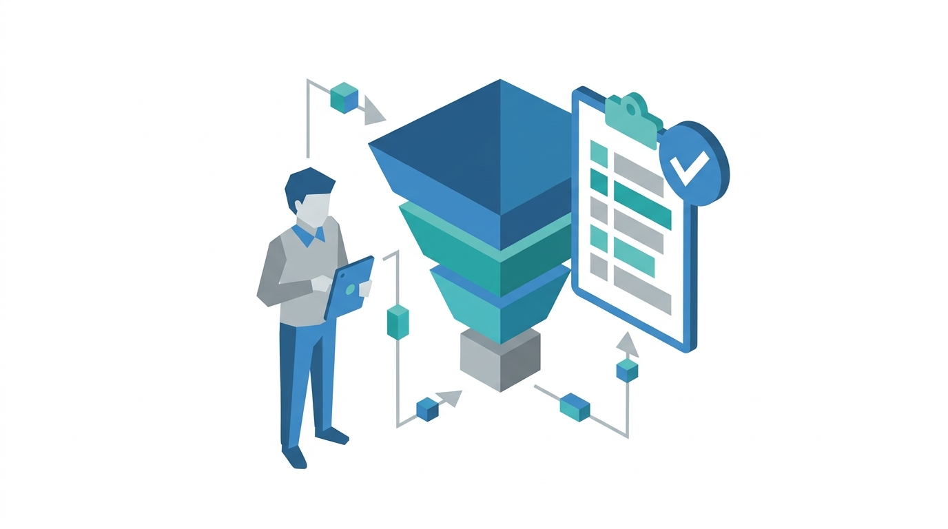 Marketer reviewing a layered checklist and funnel stages on a large screen