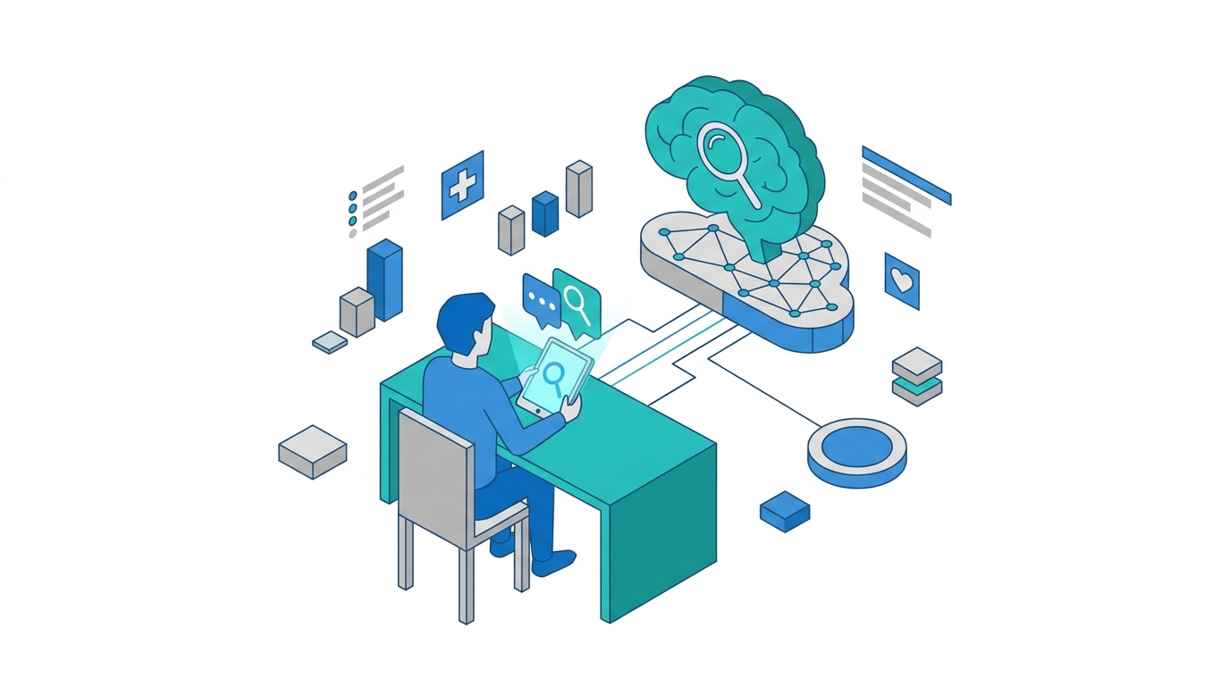 Flat 2D isometric vector illustration on a white background. Blue, teal, and gray color palette only. Wide 16:9 horizontal format. Simple geometric characters and shapes showing patient using ai search. Clean minimal business illustration style. No photography. No landscapes. No nature. No dark backgrounds. No text. No logos.