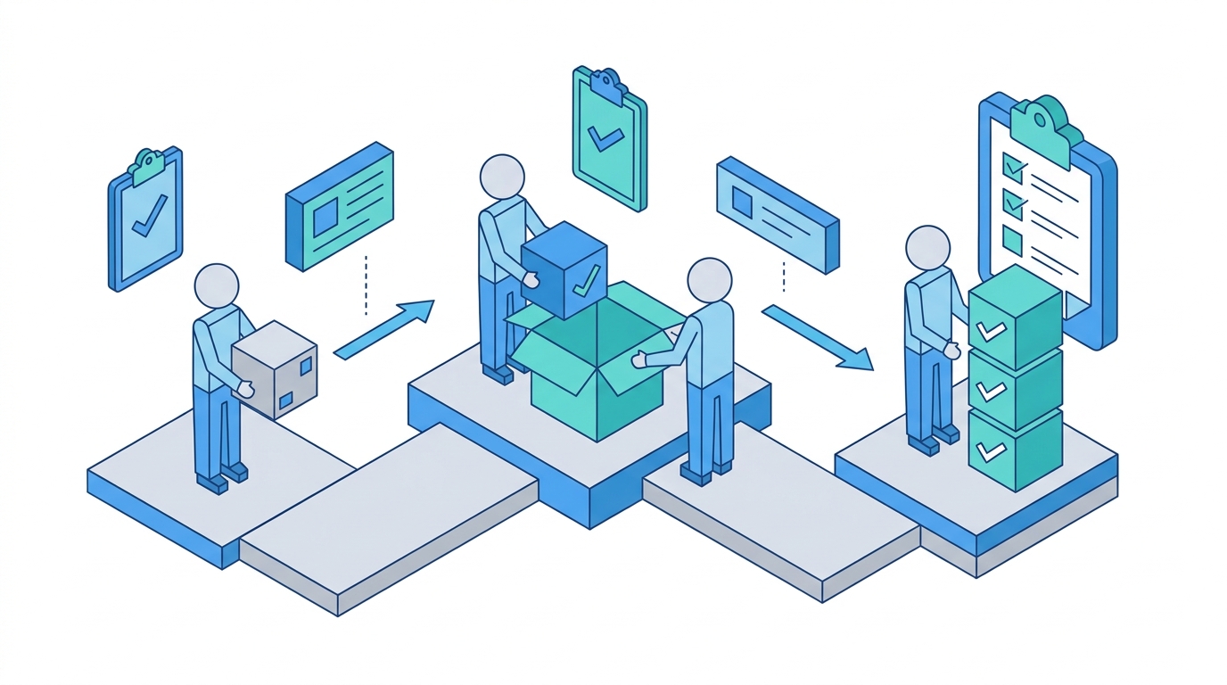 Flat 2D isometric vector illustration on a white background. Blue, teal, and gray color palette only. Wide 16:9 horizontal format. Simple geometric characters and shapes showing provider data checklist. Clean minimal business illustration style. No photography. No landscapes. No nature. No dark backgrounds. No text. No logos.