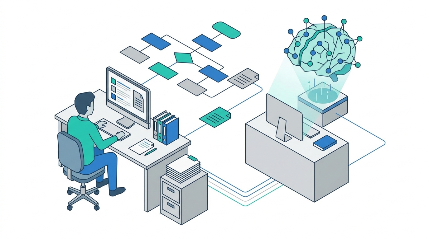 Flat 2D isometric vector illustration on a white background. Blue, teal, and gray color palette only. Wide 16:9 horizontal format. Simple geometric characters and shapes showing marketer reviewing ai citations. Clean minimal business illustration style. No photography. No landscapes. No nature. No dark backgrounds. No text. No logos.