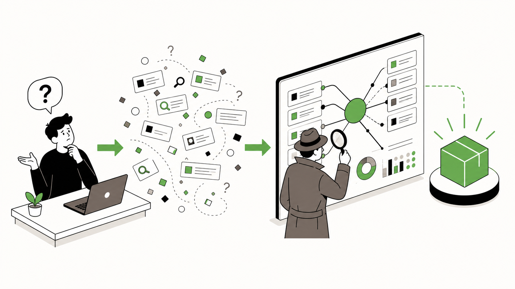 AI search interpreting natural language questions while traditional search matches rigid keyword cards