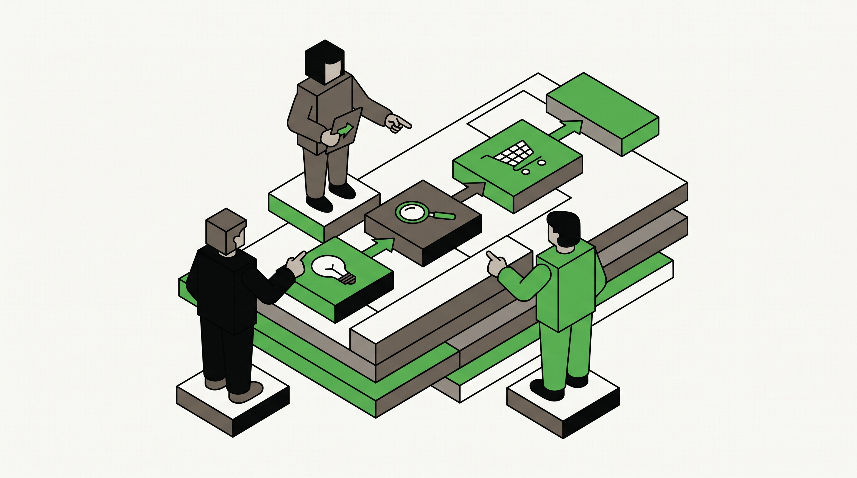 Business team mapping AI-assisted buyer verification steps from recommendation to website visit