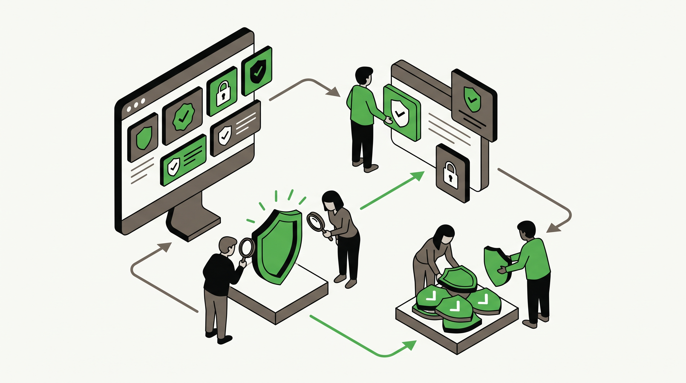 Flat 2D isometric illustration of a buyer reading an AI summary beside trust badges, reviews, and profile cards