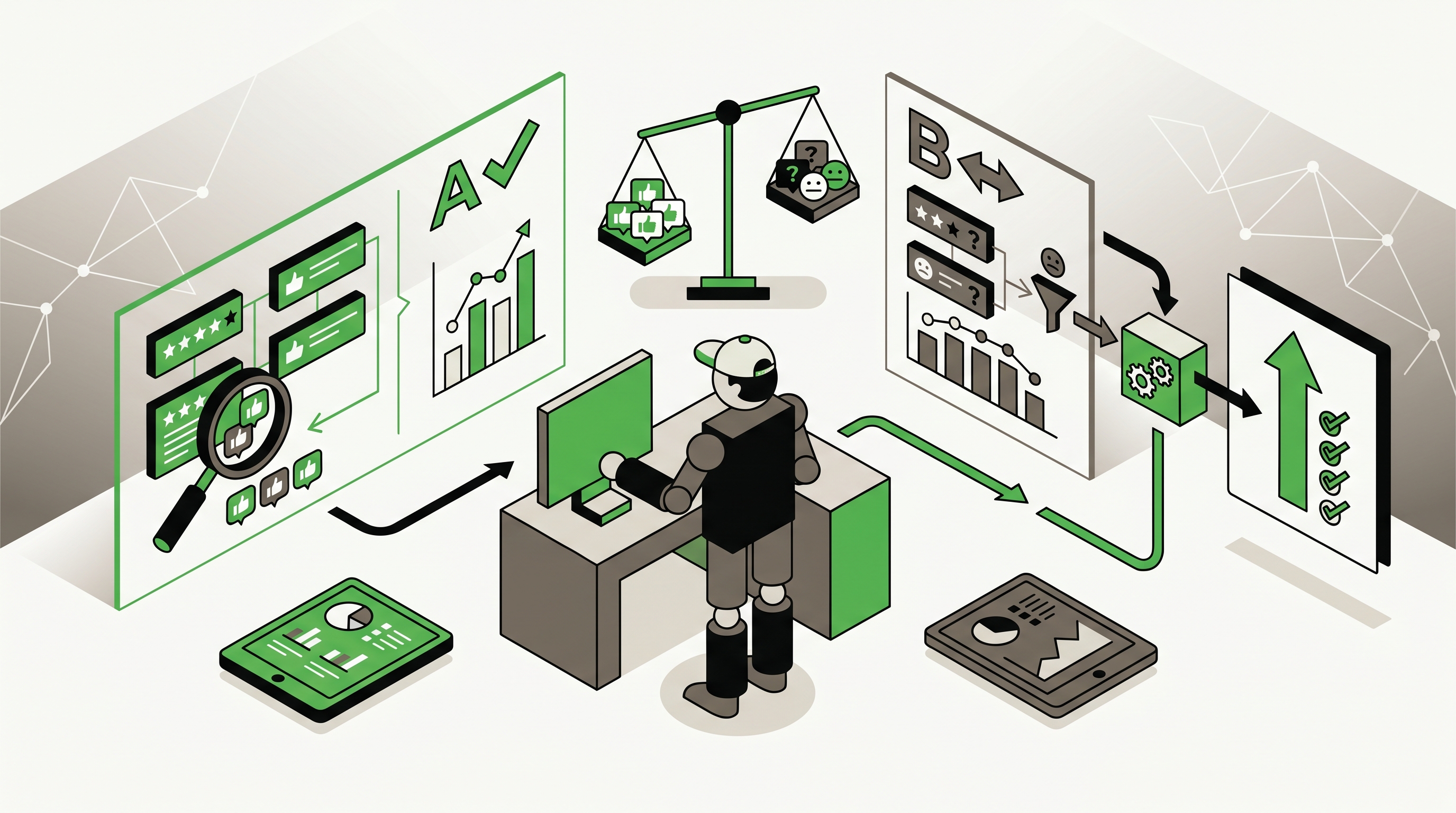 Flat 2D isometric illustration of a marketer auditing a website with missing bios, sparse reviews, and weak proof panels