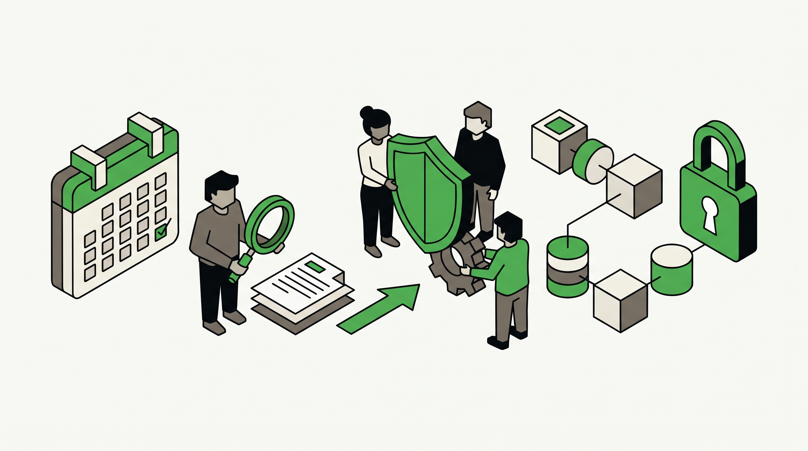 Flat 2D isometric illustration of a 30 day website trust audit with checklist cards, review icons, and profile updates