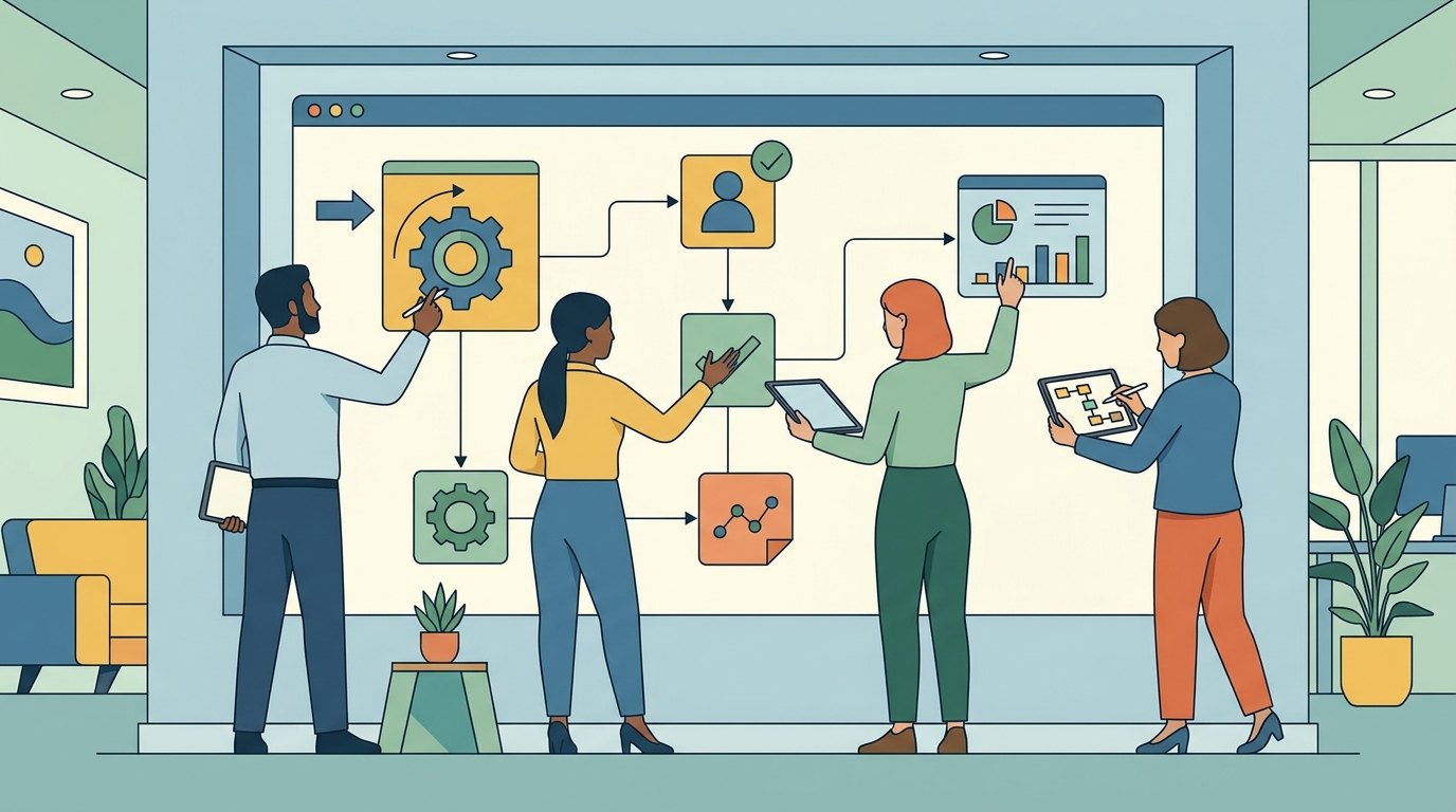Agency team mapping AI workflow approvals, human review points, and KPI dashboards