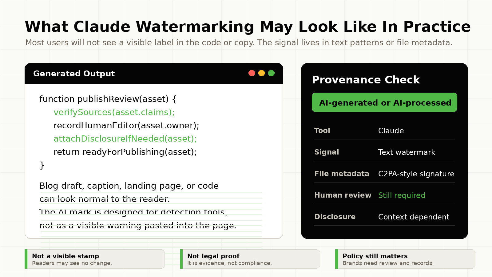 Mockup showing how Claude-generated code and content may carry hidden AI watermark signals and provenance metadata