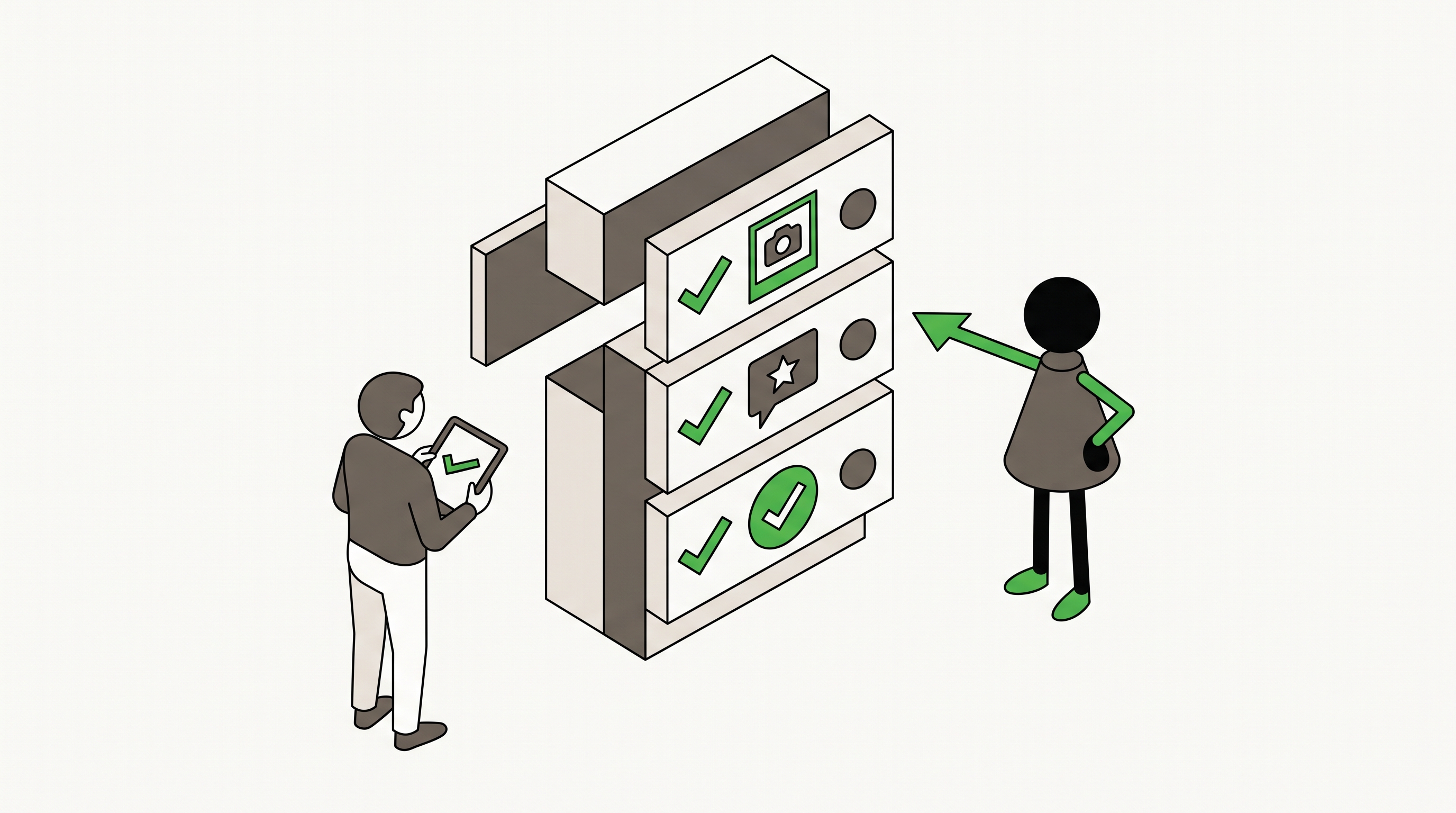Flat 2D isometric vector illustration of a marketer auditing a business profile with review cards, photo tiles, star ratings, and local conversion checkpoints
