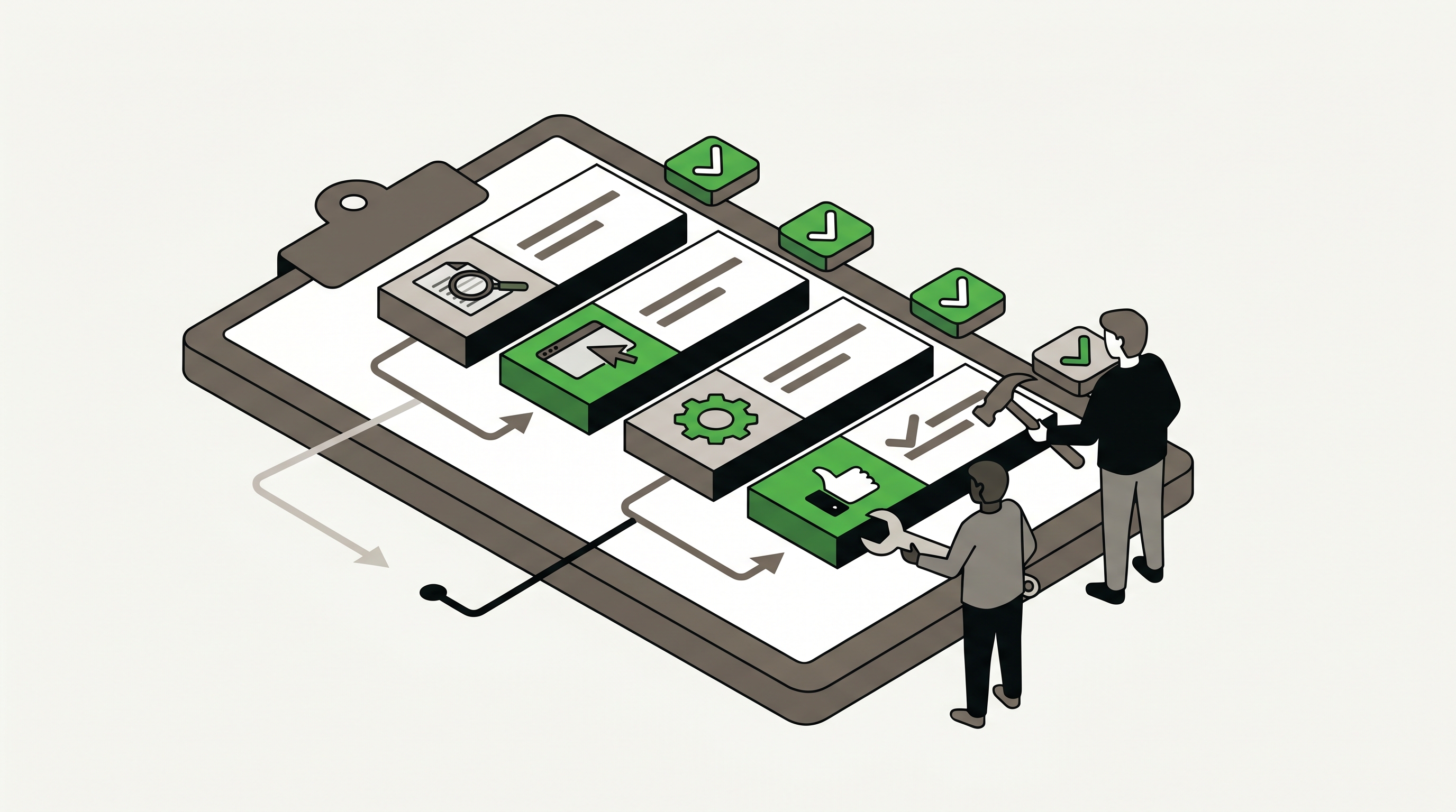 Flat 2D vector illustration of a rehab website with service page cards beside proof checklist panels and trust badges