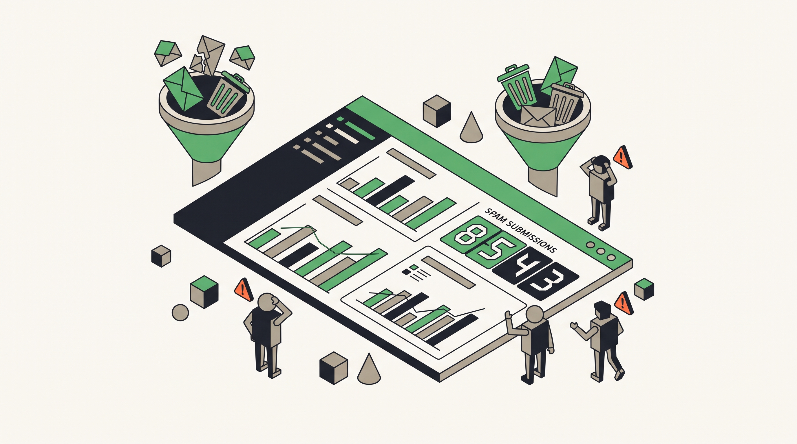Flat 2D isometric vector illustration of a marketer reviewing form submissions, bot alerts, and lead-quality charts on a clean dashboard