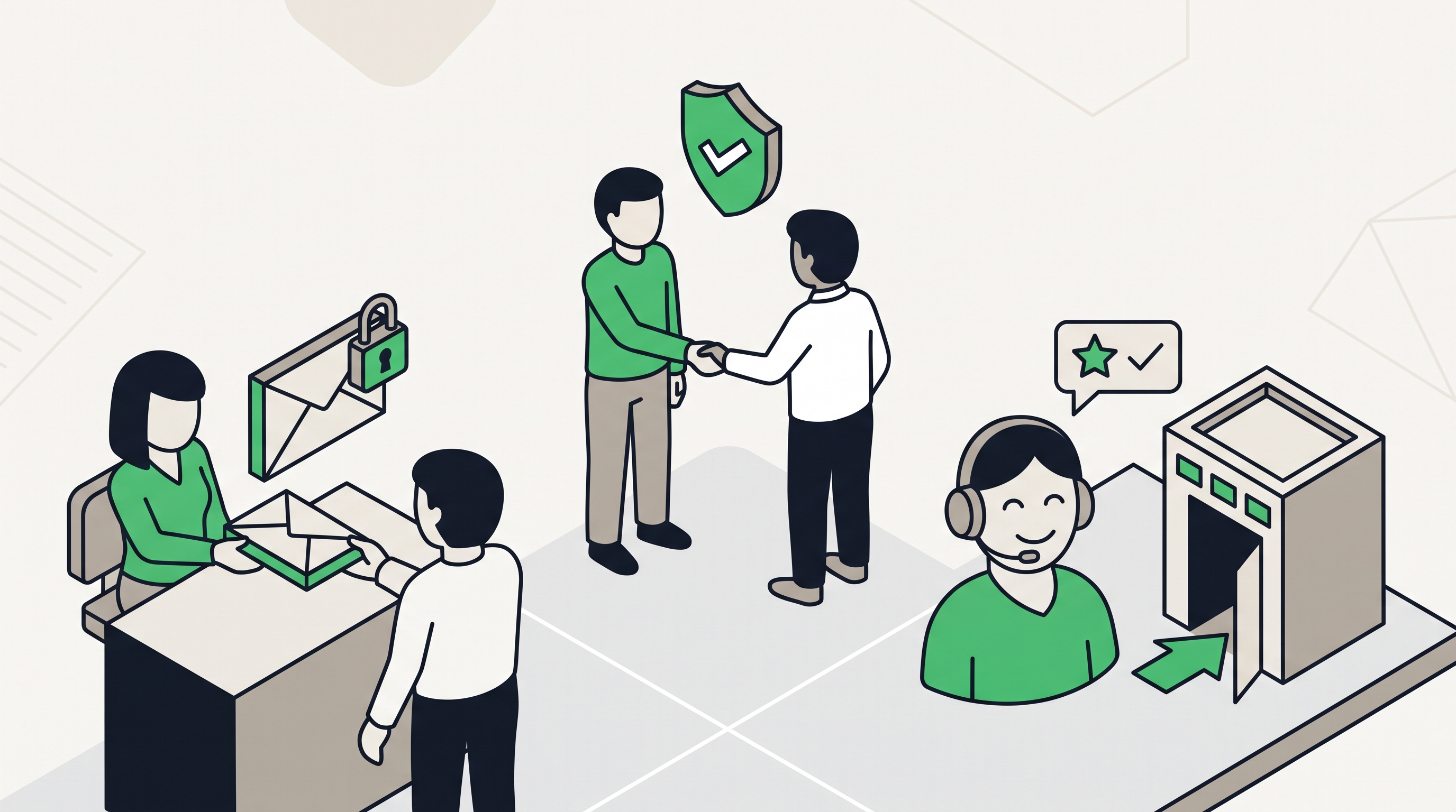 Flat 2D isometric vector illustration on a white or off-white background showing a website contact page with map pin, phone, hours, and review icons arranged on a clean dashboard