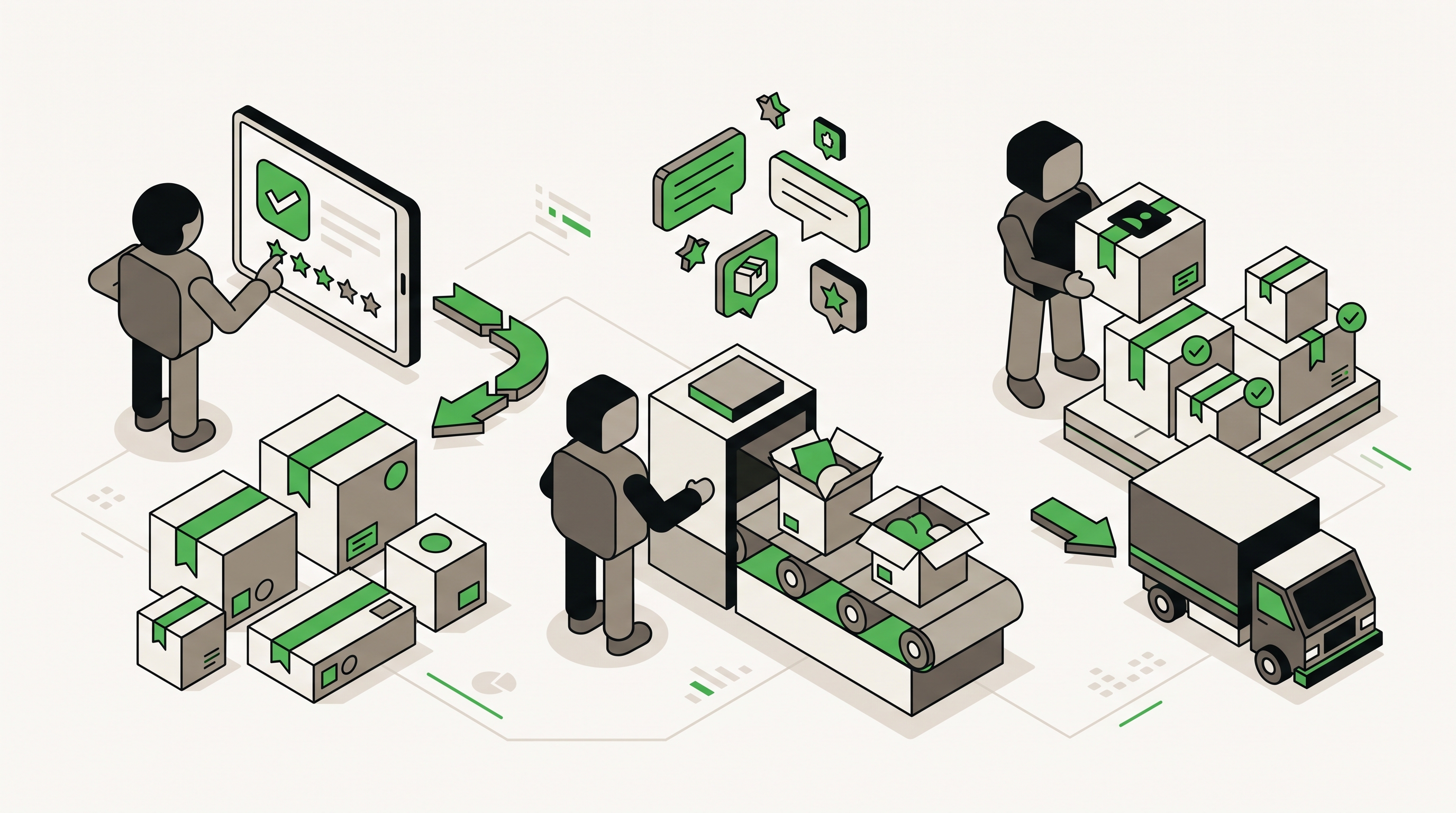 Flat 2D isometric vector illustration of an ecommerce team reviewing product cards, customer reviews, order boxes, and conversion charts on a storefront dashboard