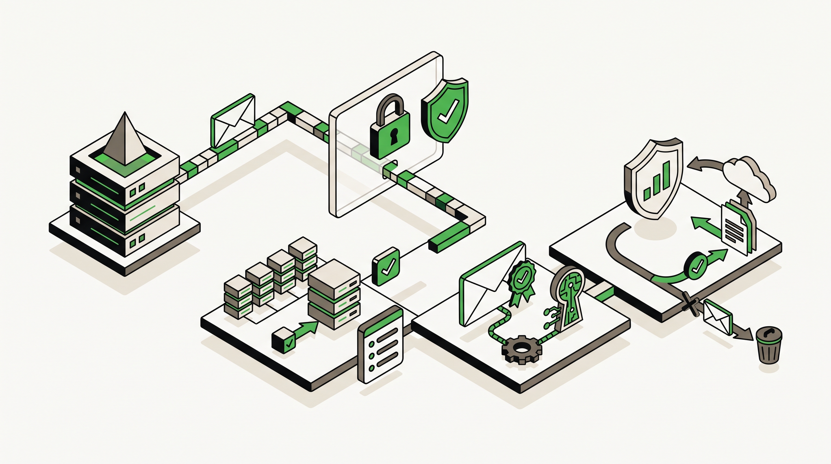 Flat 2D isometric vector illustration of marketer checking email authentication records and unsubscribe controls on a dashboard