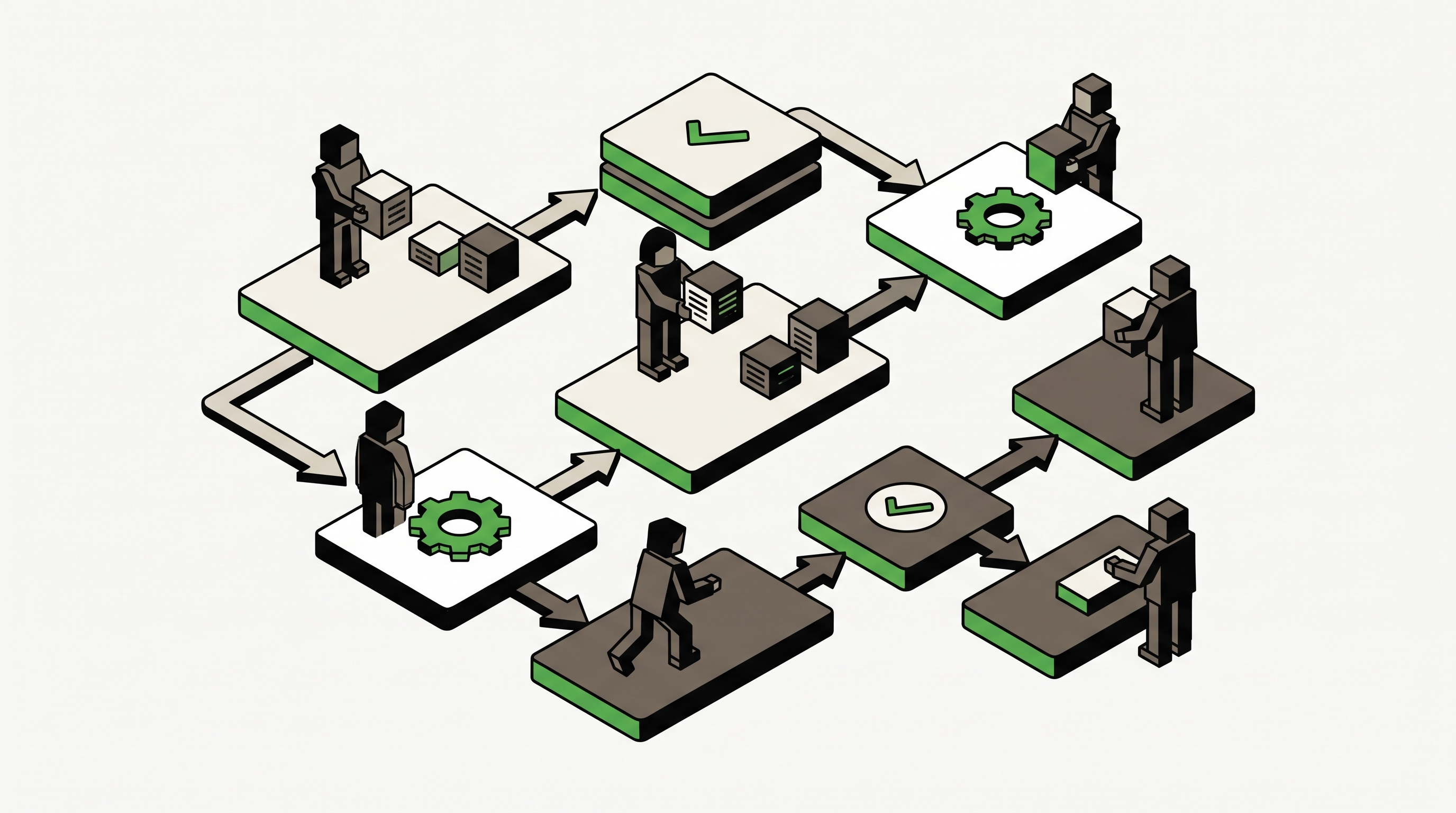 Flat 2D isometric vector illustration of marketer organizing segmented email lists, automation flows, and performance cards on a dashboard