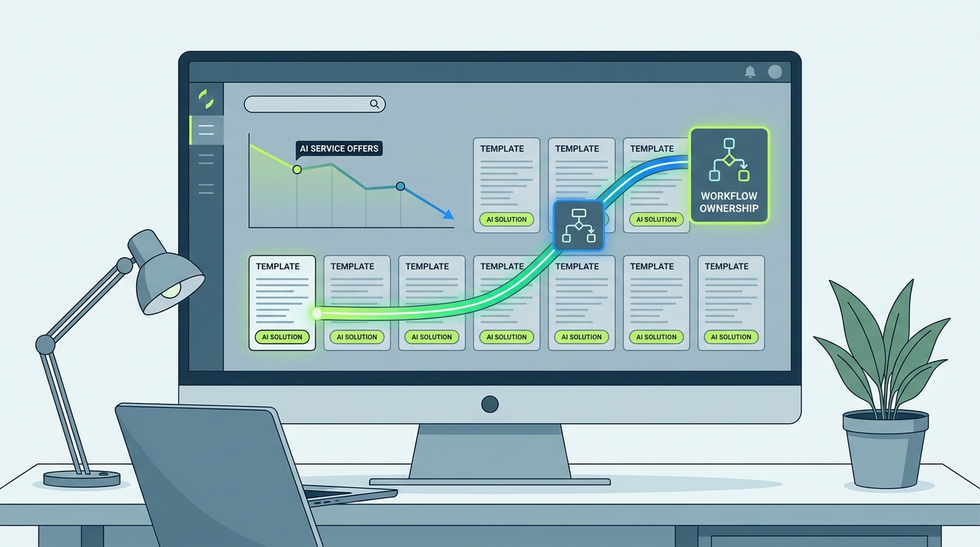 Marketing dashboard showing generic AI service offers becoming commoditized while one workflow ownership path stands out