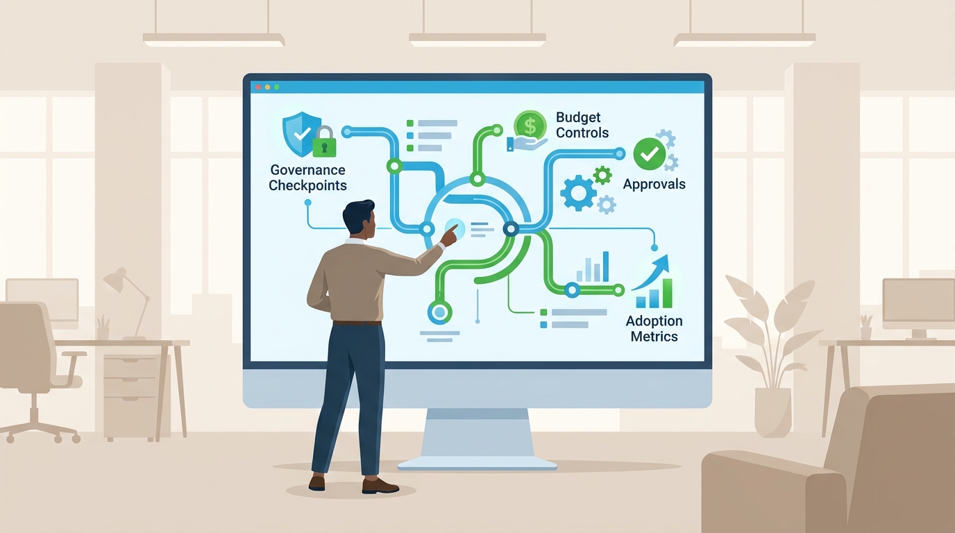 Marketing operations leader reviewing AI workflow governance checkpoints, budget controls, and adoption metrics