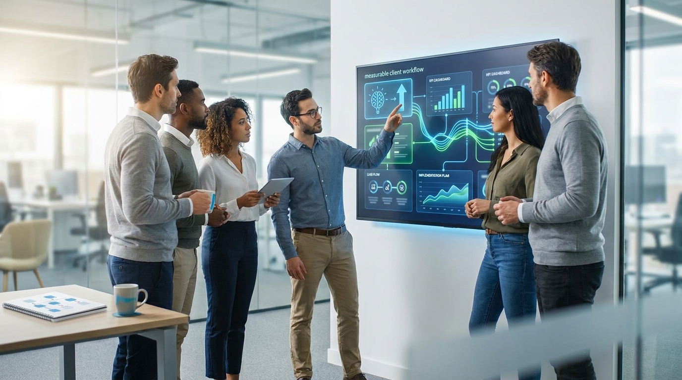 Agency team turning AI consulting into a measurable client workflow with KPI dashboards and implementation planning